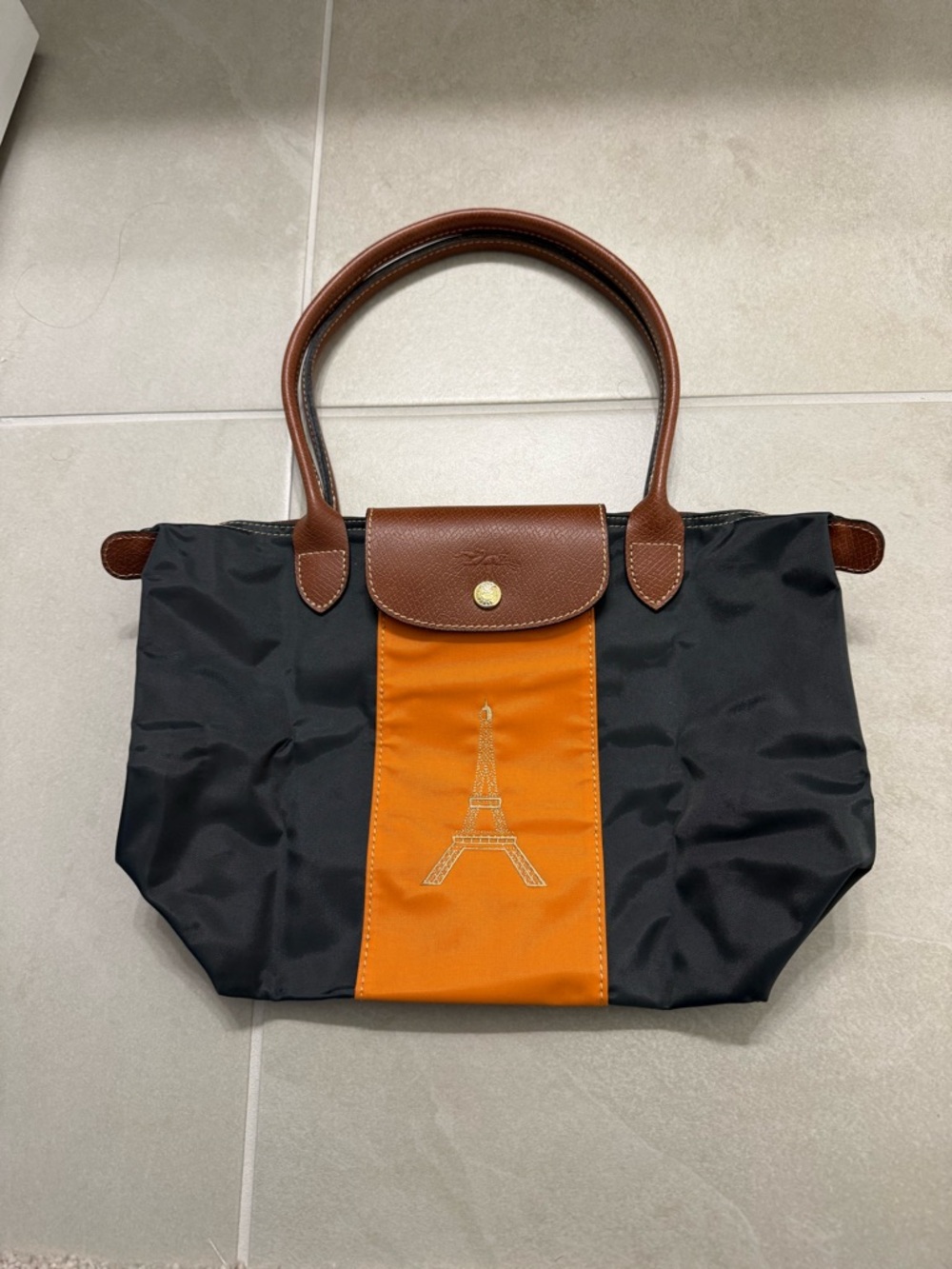 Longchamp Le Pliage Small Black & Orange Tote with Brown Leather Trim